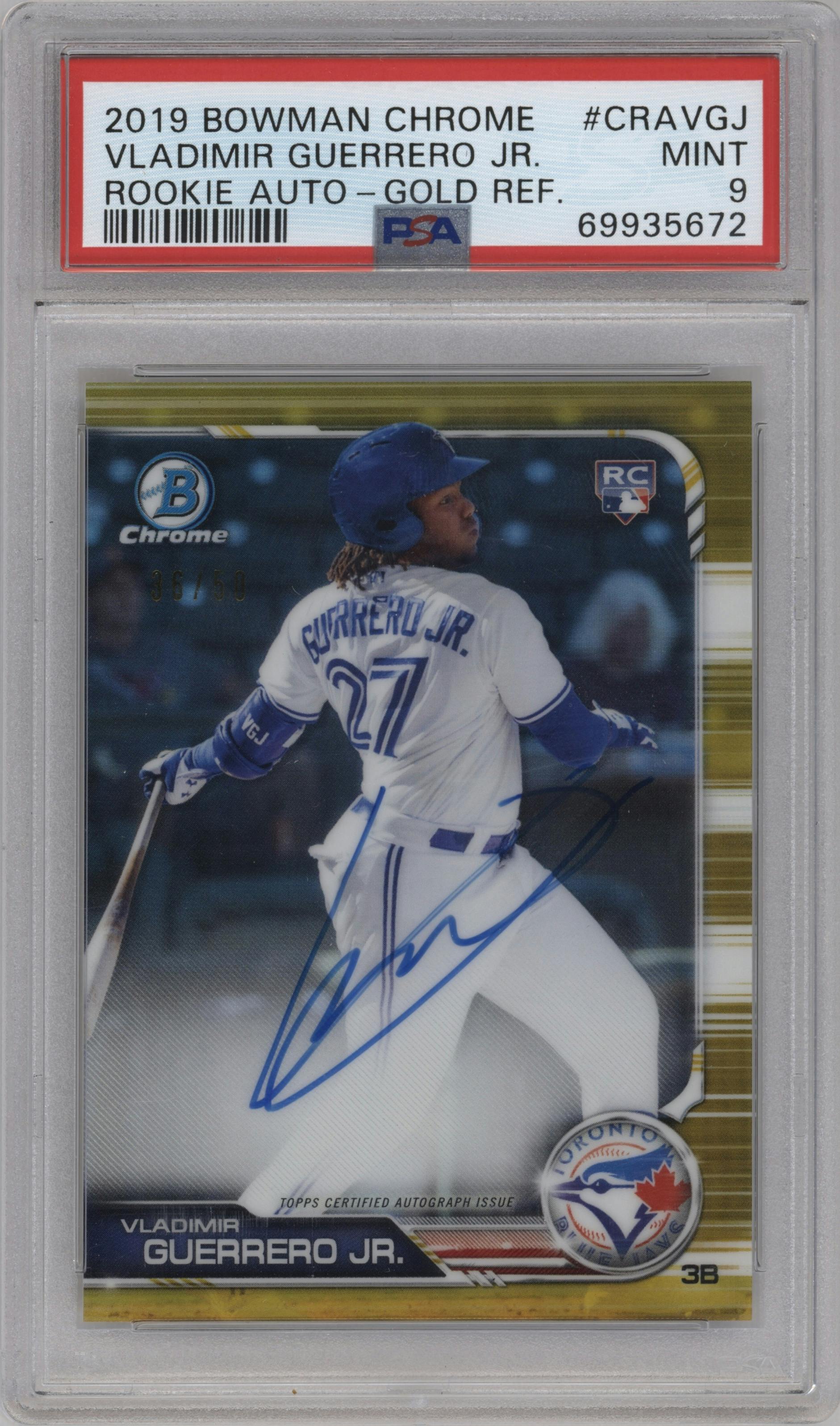 Vladimir Guerrero Jr. from the 2019 Bowman Chrome set featuring a Gold parallel graded by PSA and given an overall grade of 9.