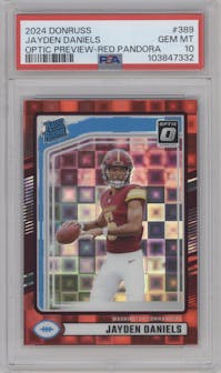 Jayden Daniels from the 2024 Donruss set featuring a Red Pandora parallel graded by PSA and given an overall grade of 10.