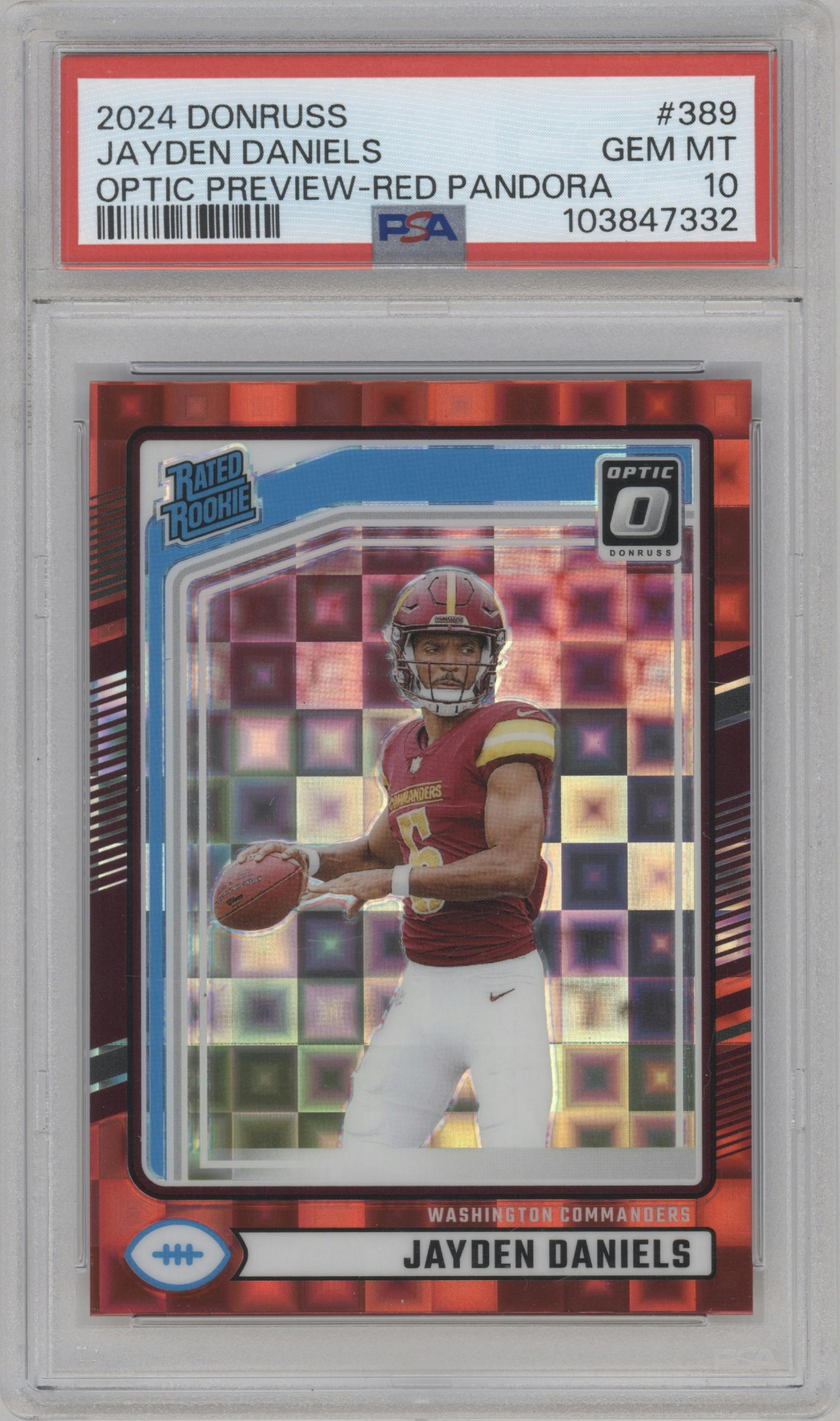 Jayden Daniels from the 2024 Donruss set featuring a Red Pandora parallel graded by PSA and given an overall grade of 10.
