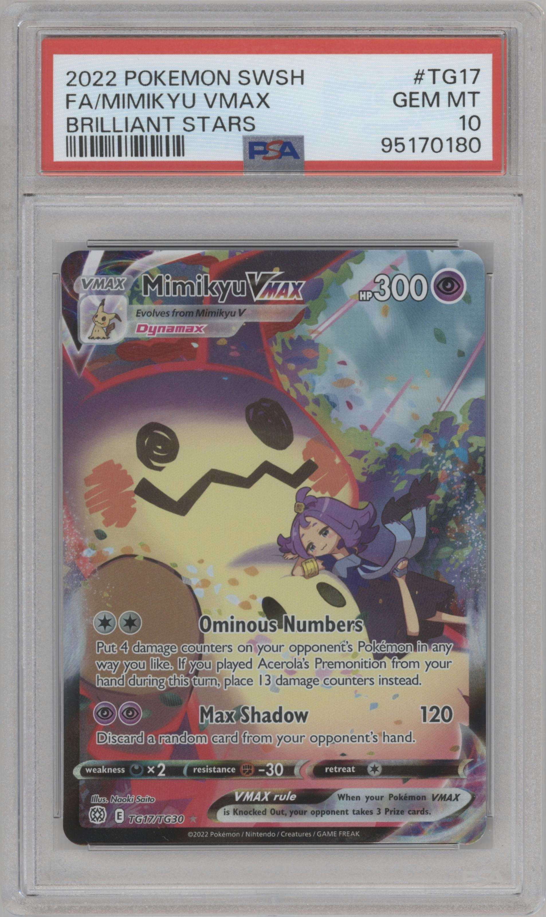 Mimikyu VMAX from the 2022 Pokemon SWSH set graded by PSA and given an overall grade of 10.