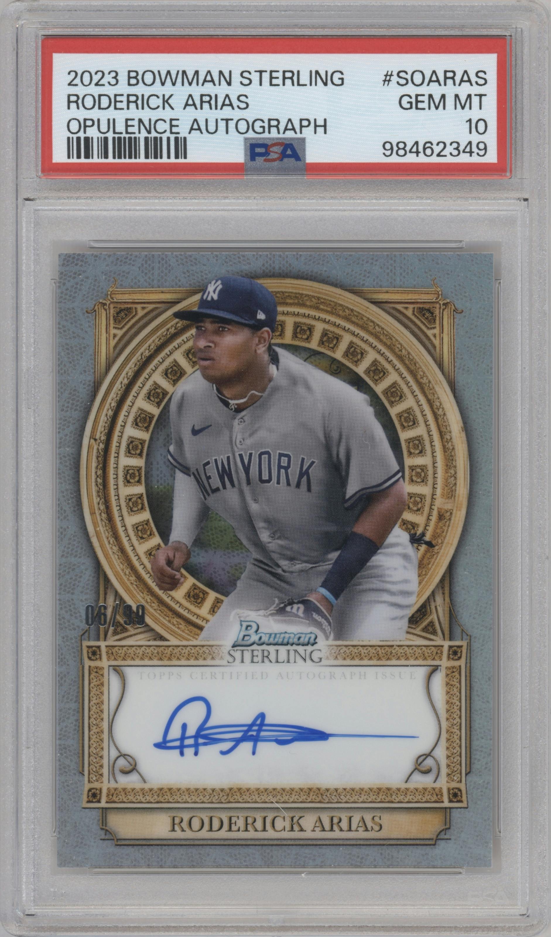 Roderick Arias from the 2023 Bowman Sterling set graded by PSA and given an overall grade of 10.
