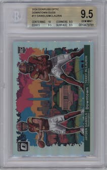 Jayden Daniels/Terry McLaurin from the 2024 Donruss Optic set graded by Beckett and given an overall grade of 9.5.