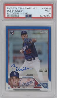 Bobby Miller from the 2023 Topps Chrome Update set featuring a Blue Refractor parallel graded by PSA and given an overall grade of 9.