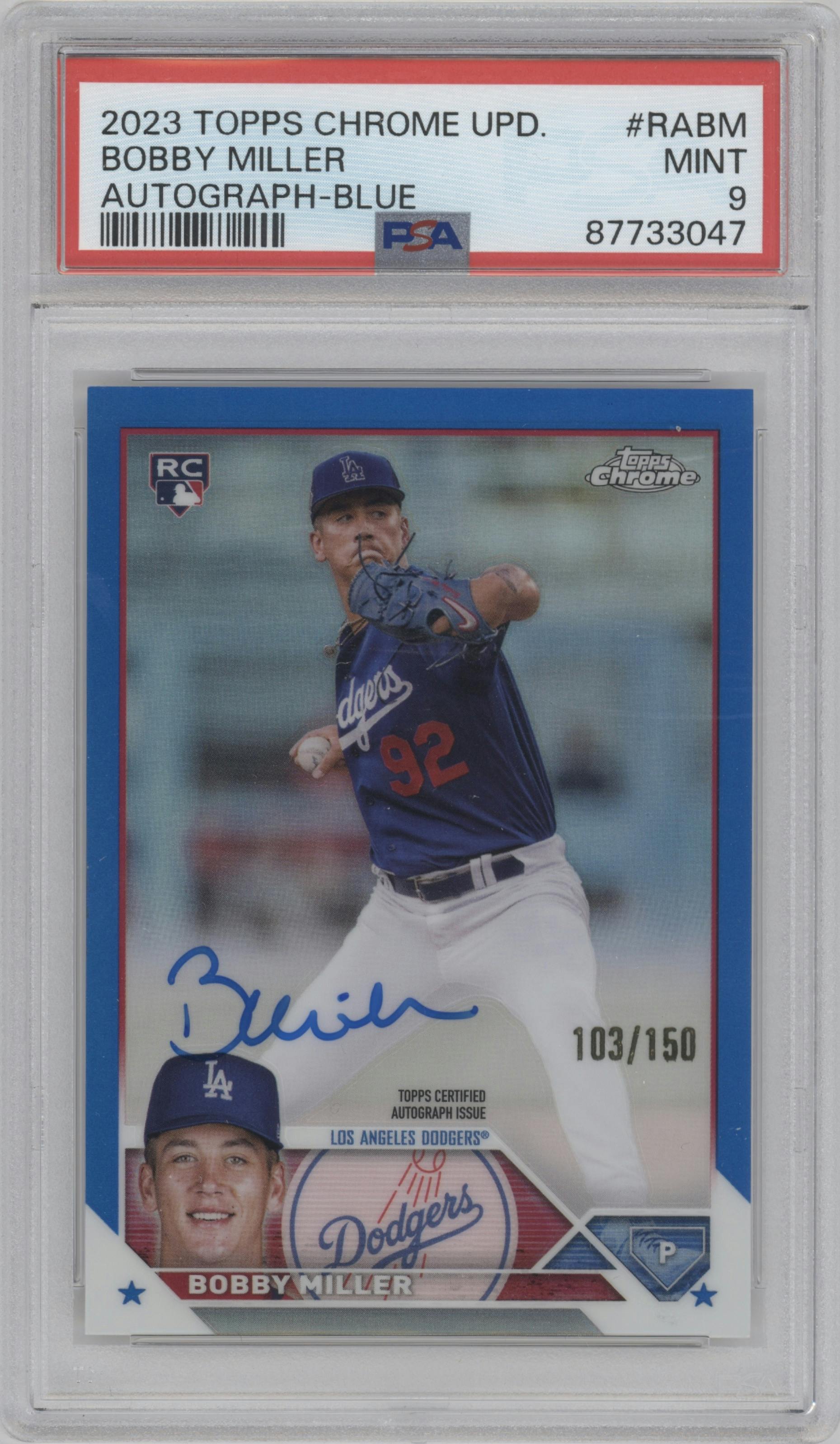 Bobby Miller from the 2023 Topps Chrome Update set featuring a Blue Refractor parallel graded by PSA and given an overall grade of 9.
