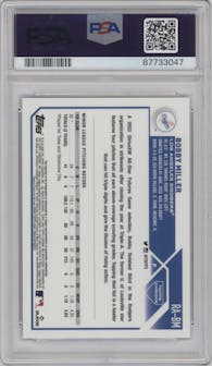 Bobby Miller from the 2023 Topps Chrome Update set featuring a Blue Refractor parallel graded by PSA and given an overall grade of 9.