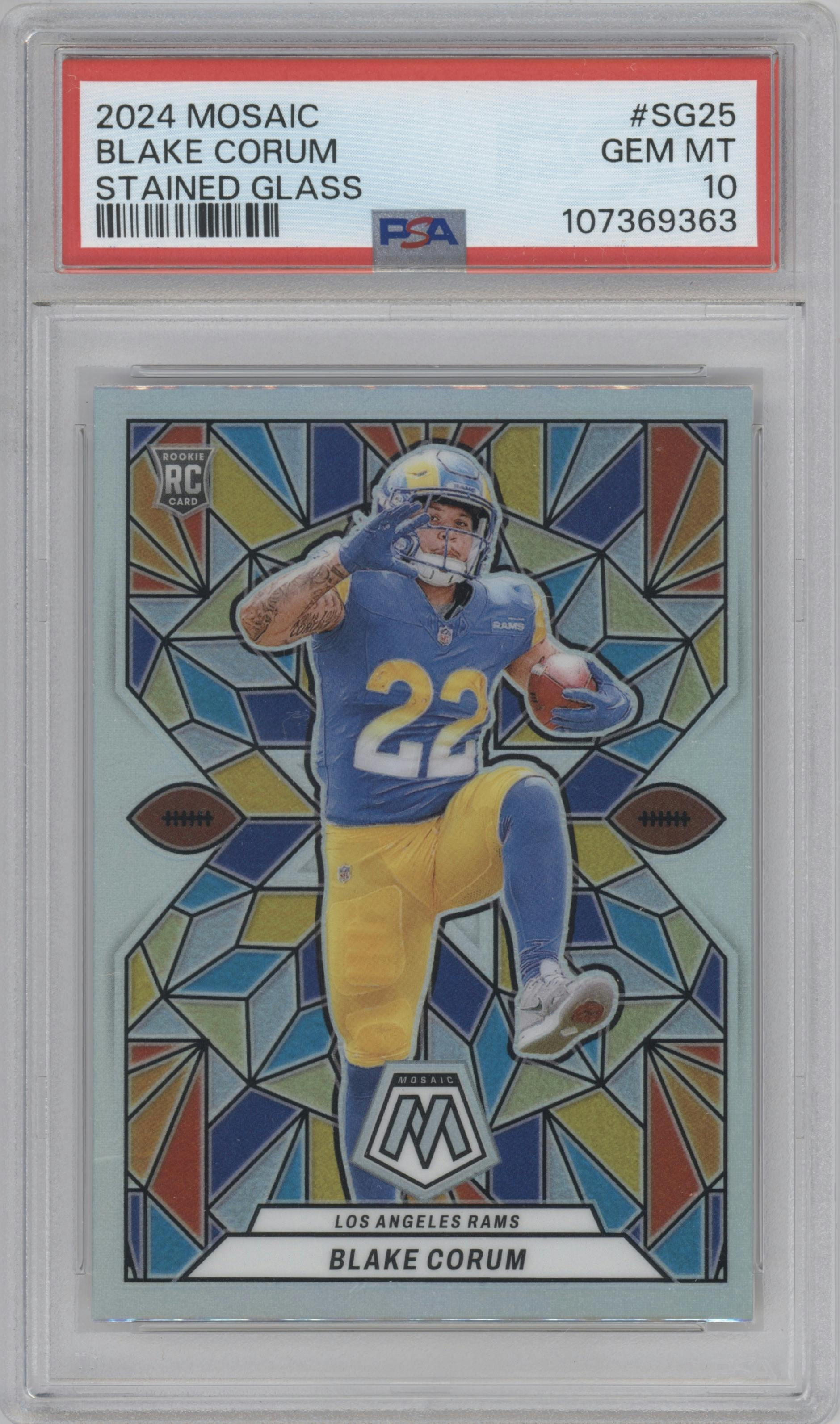 Blake Corum from the 2024 Panini Mosaic set graded by PSA and given an overall grade of 10.