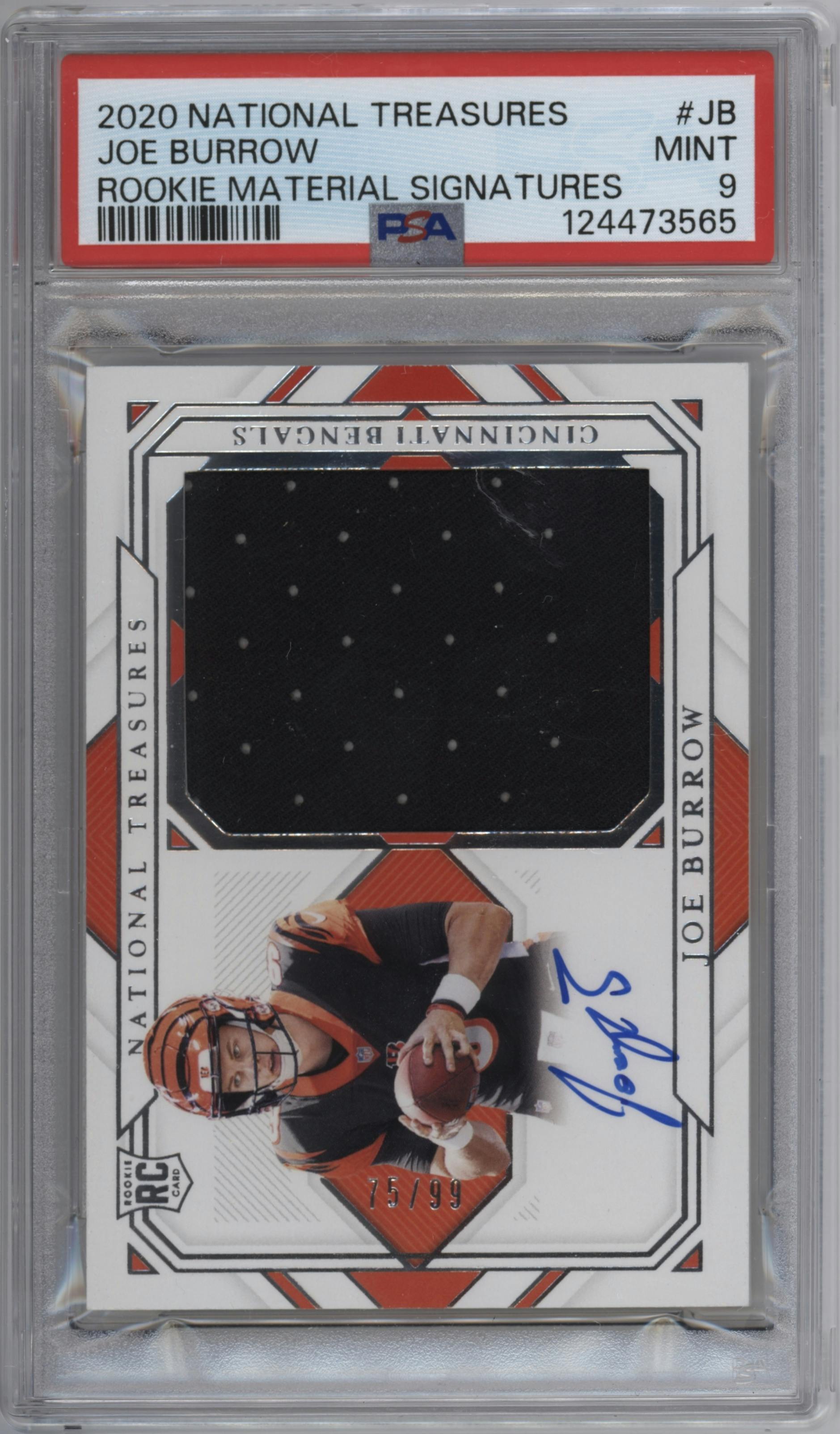 Joe Burrow from the 2020 Panini National Treasures set graded by PSA and given an overall grade of 9.