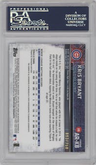 Kris Bryant from the 2015 Topps Chrome set featuring a Purple Refractor parallel graded by PSA and given an overall grade of 9.