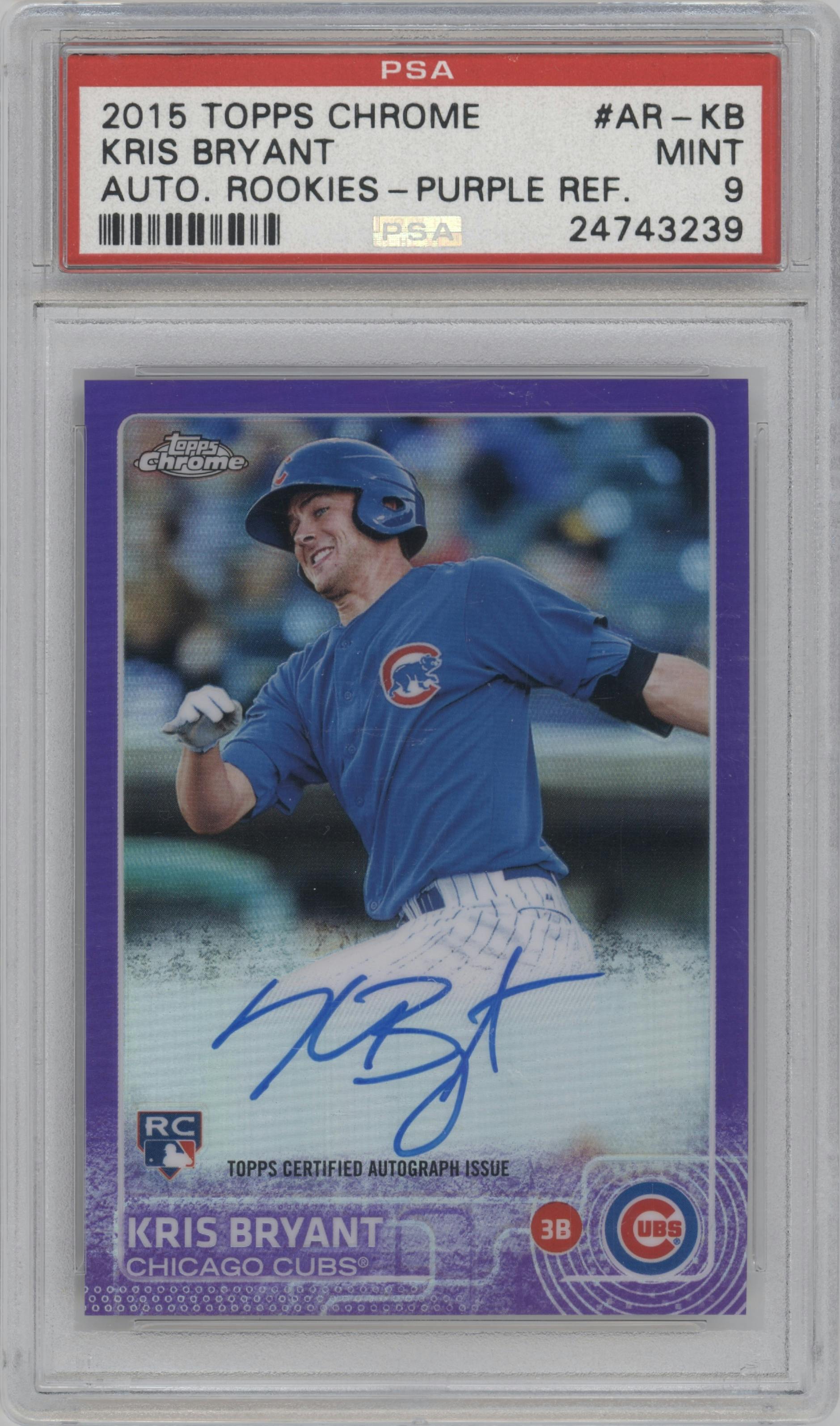 Kris Bryant from the 2015 Topps Chrome set featuring a Purple Refractor parallel graded by PSA and given an overall grade of 9.