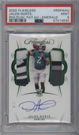 Jalen Hurts from the 2020 Panini Flawless set featuring a Emerald parallel graded by PSA and given an overall grade of 9.