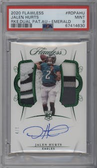 Jalen Hurts from the 2020 Panini Flawless set featuring a Emerald parallel graded by PSA and given an overall grade of 9.