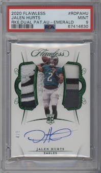 Jalen Hurts from the 2020 Panini Flawless set featuring a Emerald parallel graded by PSA and given an overall grade of 9.