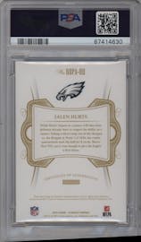 Jalen Hurts from the 2020 Panini Flawless set featuring a Emerald parallel graded by PSA and given an overall grade of 9.
