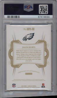 Jalen Hurts from the 2020 Panini Flawless set featuring a Emerald parallel graded by PSA and given an overall grade of 9.