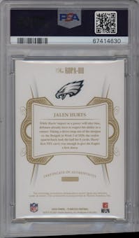Jalen Hurts from the 2020 Panini Flawless set featuring a Emerald parallel graded by PSA and given an overall grade of 9.