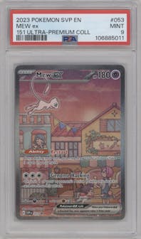 Mew ex from the 2023 Pokemon SV set featuring a Scarlet & Violet 151 Ultra Premium Collection parallel graded by PSA and given an overall grade of 9.