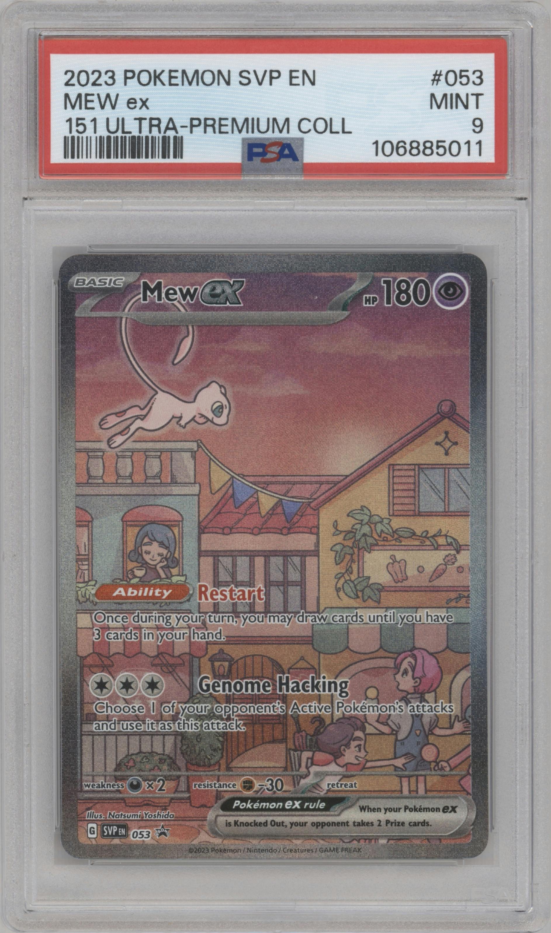 Mew ex from the 2023 Pokemon SV set featuring a Scarlet & Violet 151 Ultra Premium Collection parallel graded by PSA and given an overall grade of 9.
