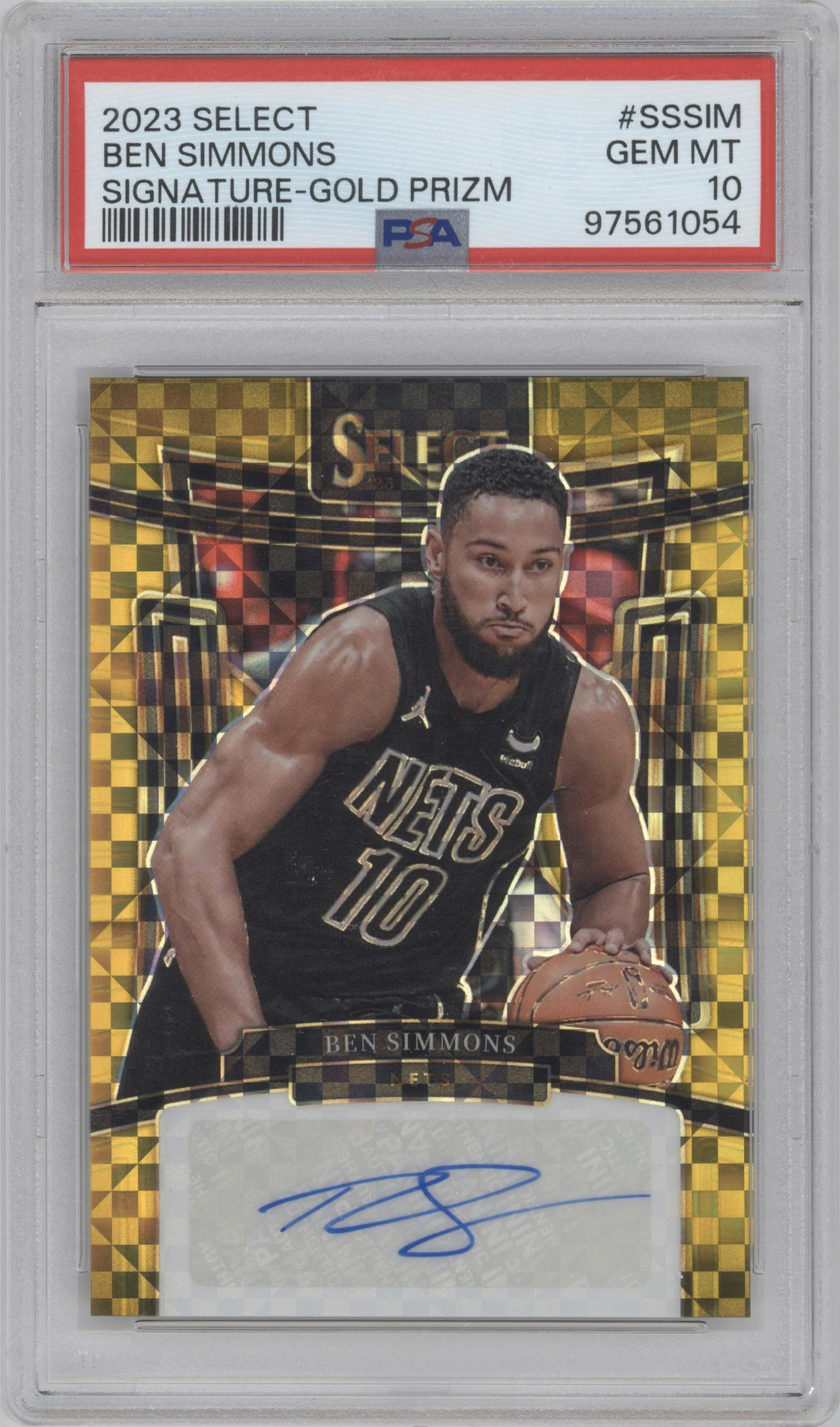 Ben Simmons from the 2023-24 Panini Select  set featuring a Gold Prizm parallel graded by PSA and given an overall grade of 10.