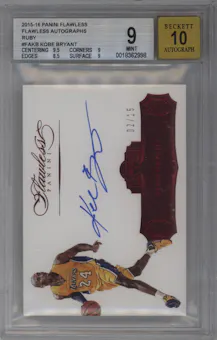 Kobe Bryant from the 2015-16 Panini Flawless set featuring a Ruby parallel graded by Beckett and given an overall grade of 9.