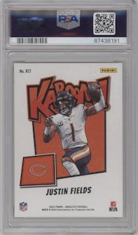 Justin Fields from the 2023 Panini Absolute set featuring a Gold parallel graded by PSA and given an overall grade of 9.