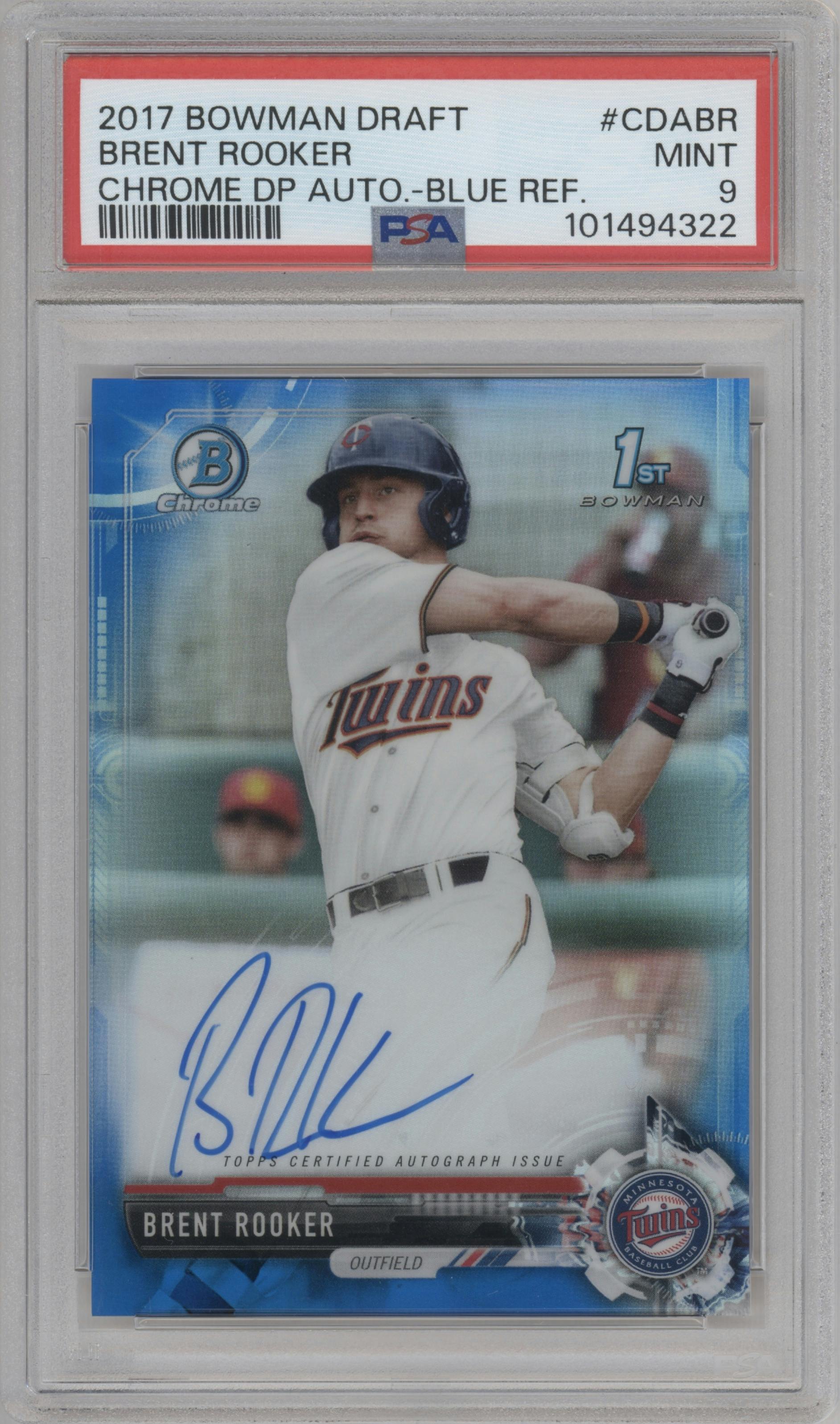 Brent Rooker from the 2017 Bowman Draft set featuring a Blue Refractor  parallel graded by PSA and given an overall grade of 9.