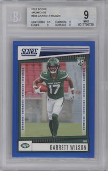Garrett Wilson from the 2022 Panini Score set featuring a Blue Showcase parallel graded by Beckett and given an overall grade of 9.