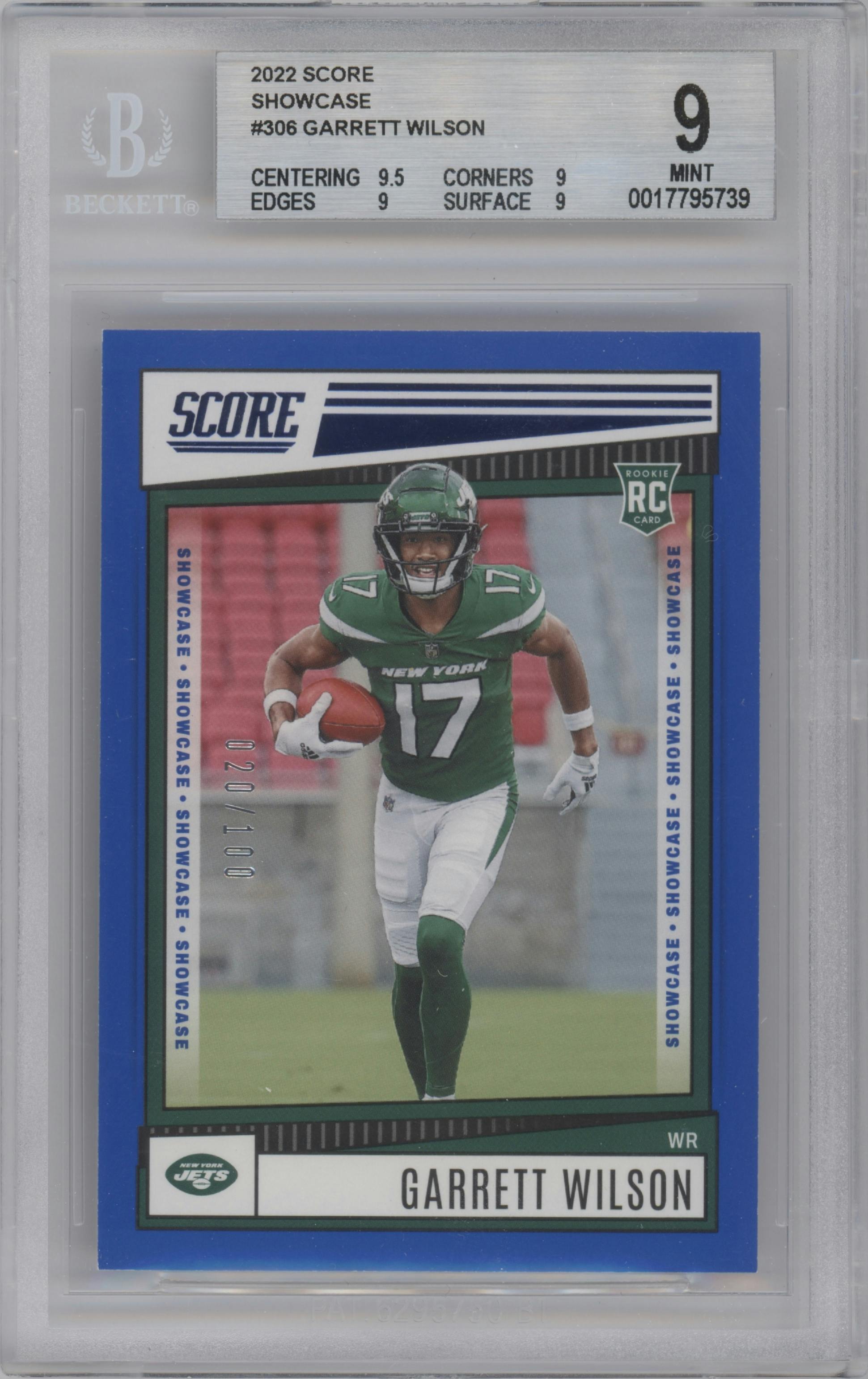 Garrett Wilson from the 2022 Panini Score set featuring a Blue Showcase parallel graded by Beckett and given an overall grade of 9.