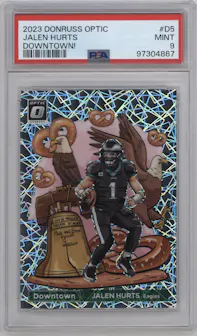 Jalen Hurts from the 2023 Donruss Optic set graded by PSA and given an overall grade of 9.