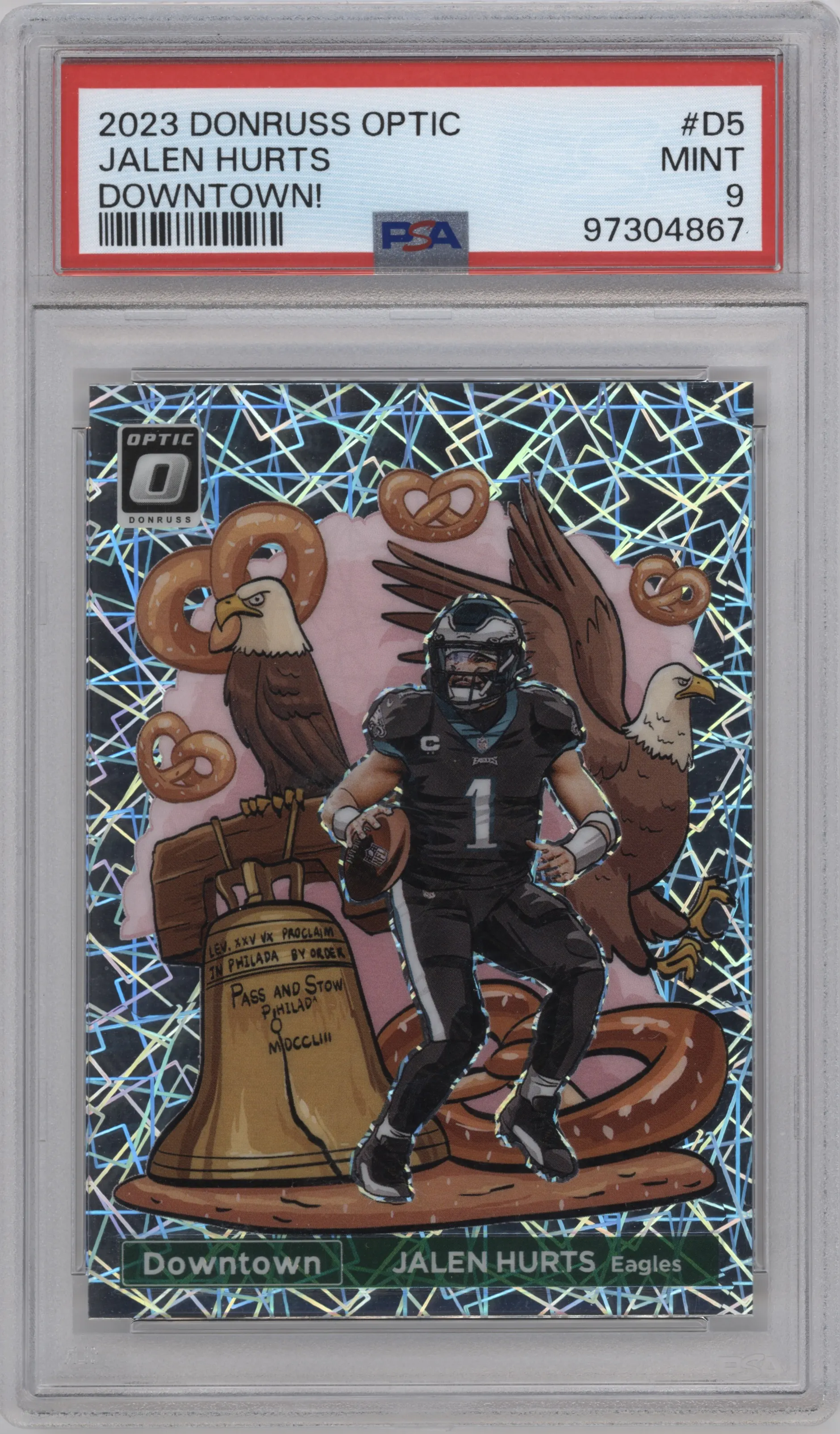 Jalen Hurts from the 2023 Donruss Optic set graded by PSA and given an overall grade of 9.