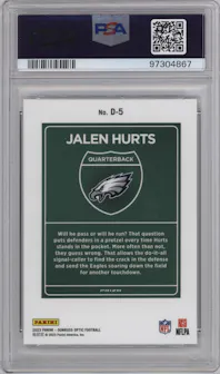 Jalen Hurts from the 2023 Donruss Optic set graded by PSA and given an overall grade of 9.