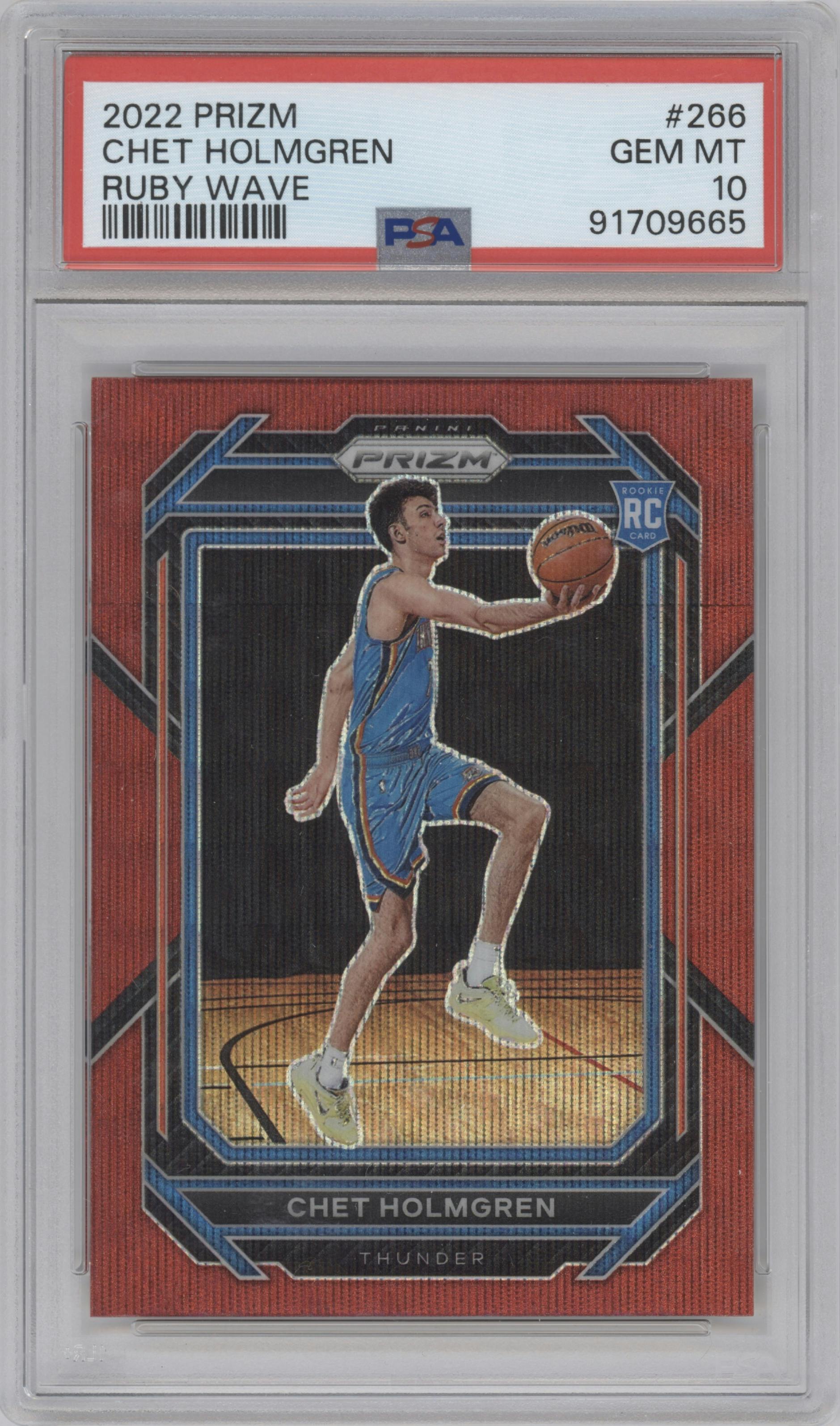 Chet Holmgren from the 2022-23 Panini Prizm  set featuring a Ruby Wave parallel graded by PSA and given an overall grade of 10.