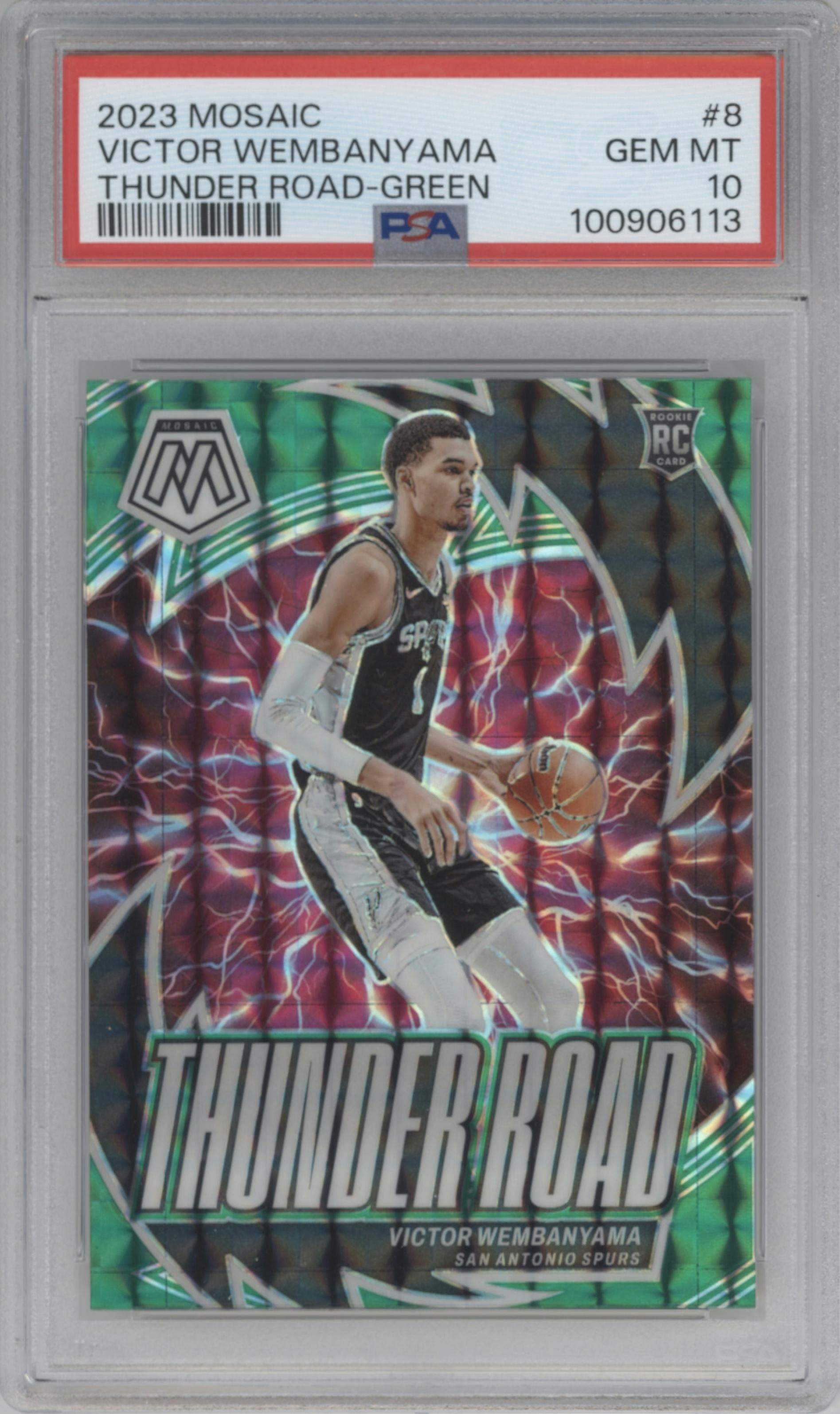 Victor Wembanyama  from the 2023-24 Panini Mosaic set featuring a Green Mosaic parallel graded by PSA and given an overall grade of 10.