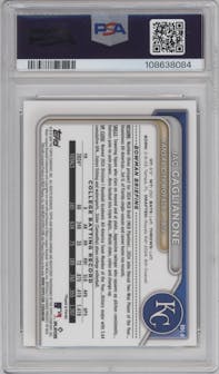 Jac Caglianone from the 2024 Bowman Draft set featuring a Peanut Refractor parallel graded by PSA and given an overall grade of 9.