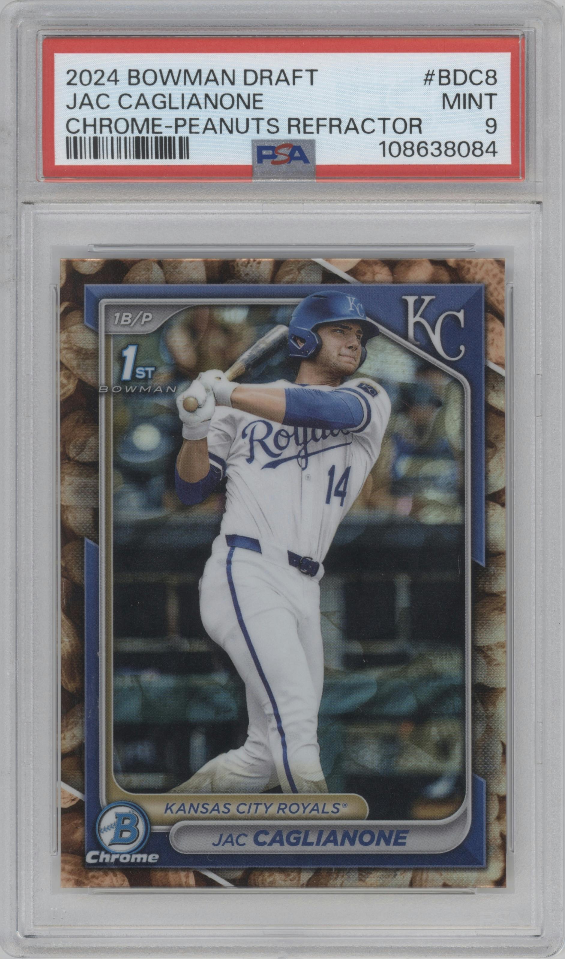 Jac Caglianone from the 2024 Bowman Draft set featuring a Peanut Refractor parallel graded by PSA and given an overall grade of 9.