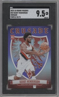 Scoot Henderson from the 2023-24 Panini Phoenix set featuring a Purple parallel graded by SGC and given an overall grade of 9.5.