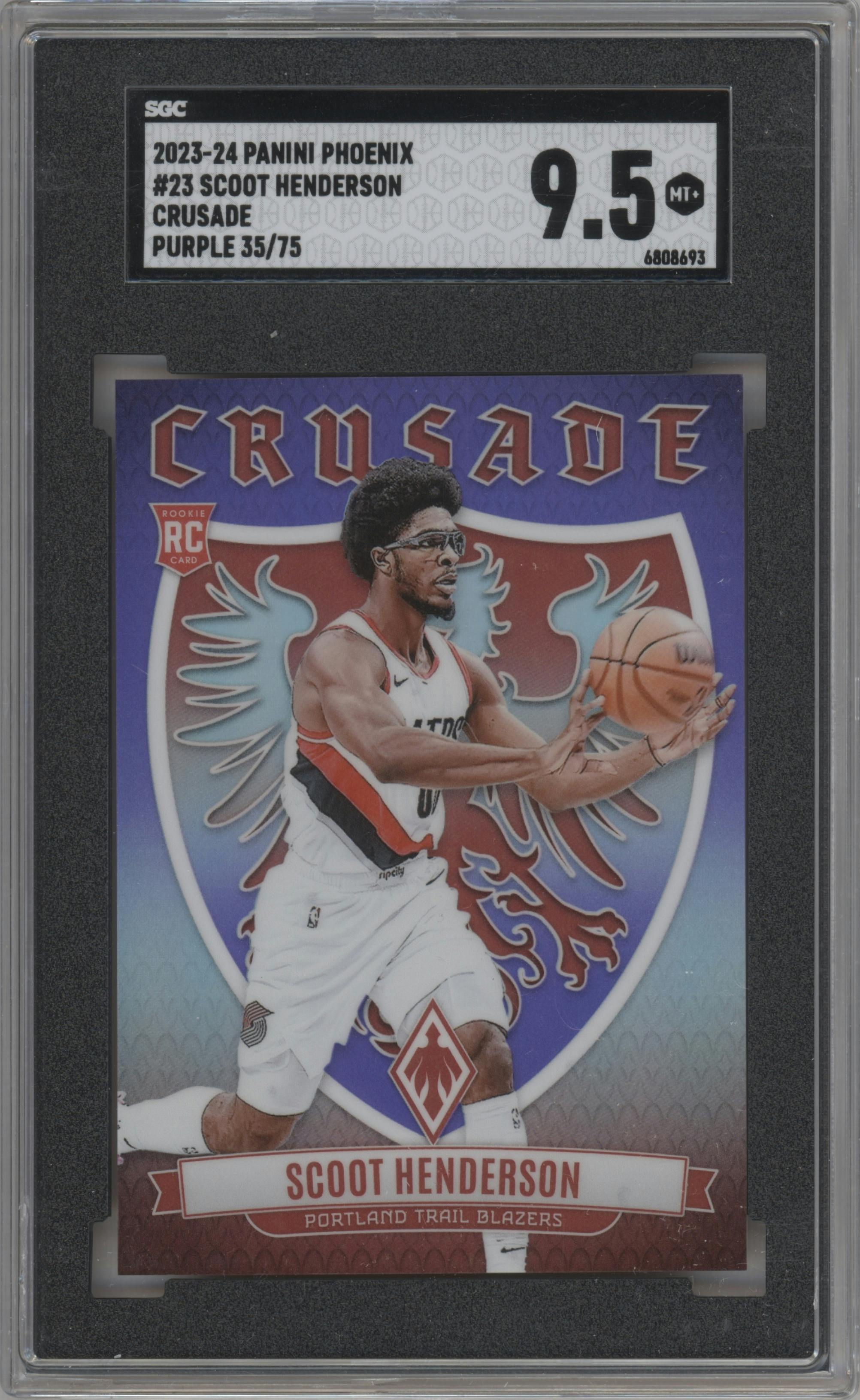 Scoot Henderson from the 2023-24 Panini Phoenix set featuring a Purple parallel graded by SGC and given an overall grade of 9.5.
