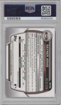 Rayner Arias from the 2023 Bowman Chrome set featuring a Aqua and Pink Vapor Refractor parallel graded by PSA and given an overall grade of 10.
