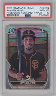 Rayner Arias from the 2023 Bowman Chrome set featuring a Aqua and Pink Vapor Refractor parallel graded by PSA and given an overall grade of 10.