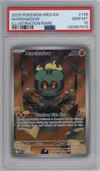 Marshadow from the 2025 Pokemon Mega Evolution set graded by PSA and given an overall grade of 10.