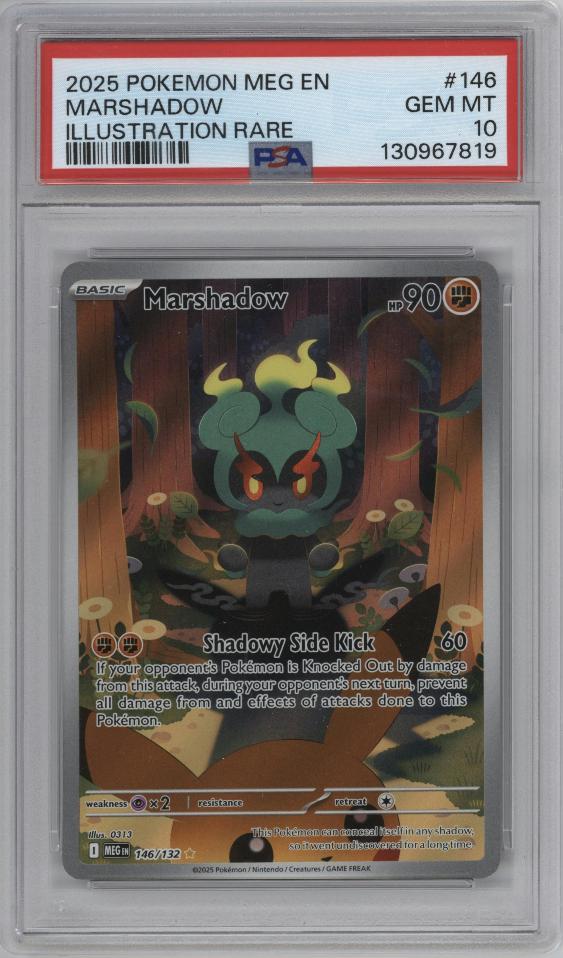 Marshadow from the 2025 Pokemon Mega Evolution set graded by PSA and given an overall grade of 10.