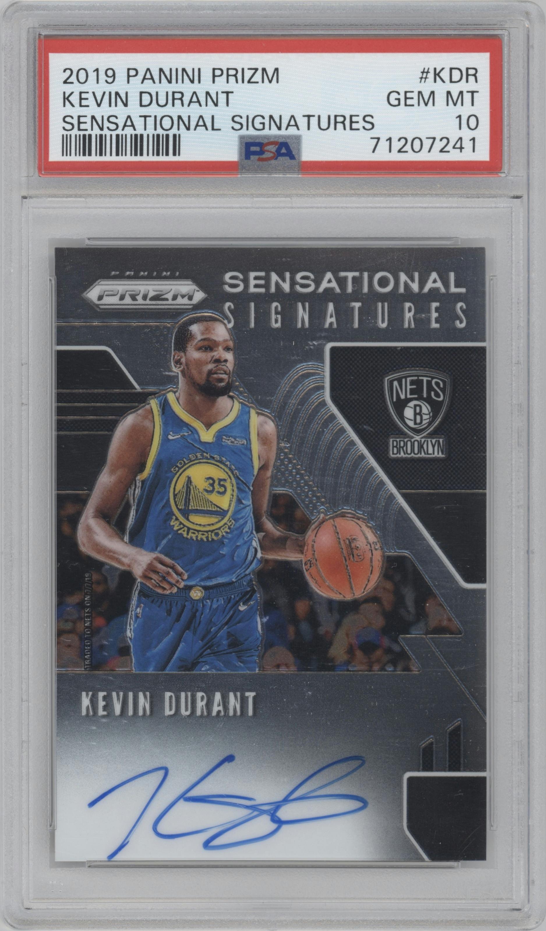 Kevin Durant from the 2019-20 Panini Prizm set graded by PSA and given an overall grade of 10.