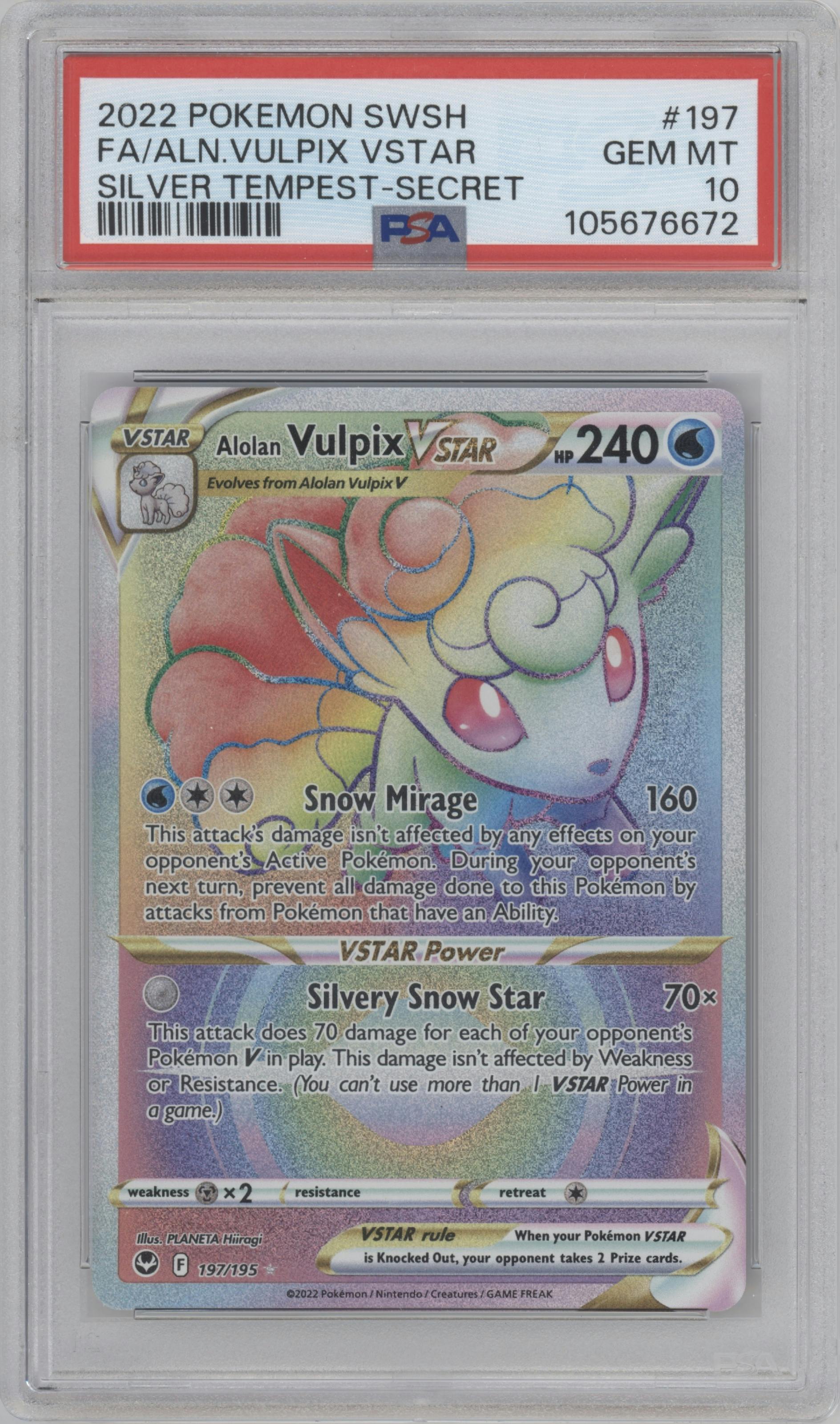 Alolan Vulpix VSTAR from the 2022 Pokemon SWSH set graded by PSA and given an overall grade of 10.