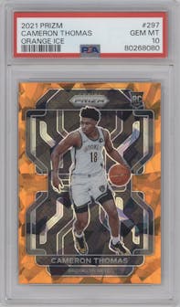 Cameron Thomas from the 2021-22 Panini Prizm  set featuring a Orange Ice parallel graded by PSA and given an overall grade of 10.