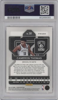 Cameron Thomas from the 2021-22 Panini Prizm  set featuring a Orange Ice parallel graded by PSA and given an overall grade of 10.