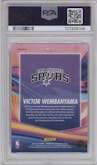 Victor Wembanyama from the 2023-24 Panini Hoops Premium Stock set featuring a Disco Prizm parallel graded by PSA and given an overall grade of 9.