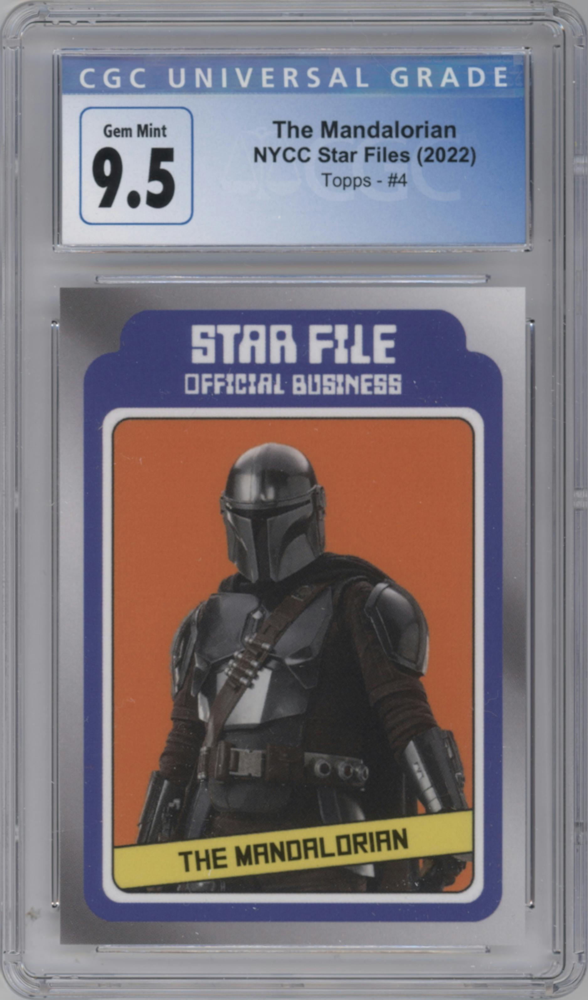 The Mandalorian from the 2022 Topps Star Wars Star Files NYCC set graded by CSG and given an overall grade of 9.5.