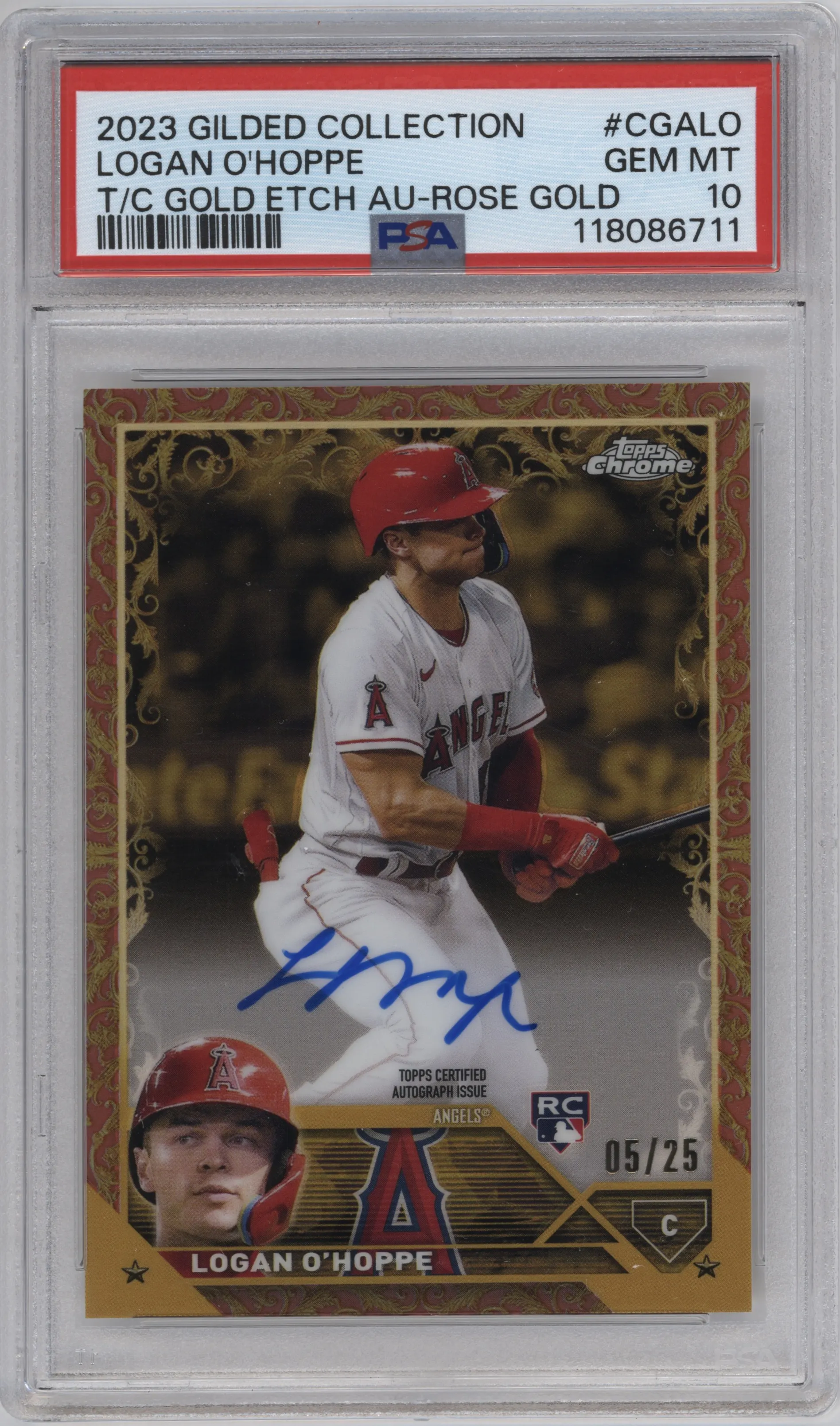 2023 Topps Gilded Collection Gold Etch Auto Logan O'Hoppe Rose Gold #CGA-LO PSA 10