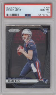 Drake Maye from the 2024 Panini Prizm set graded by PSA and given an overall grade of 10.