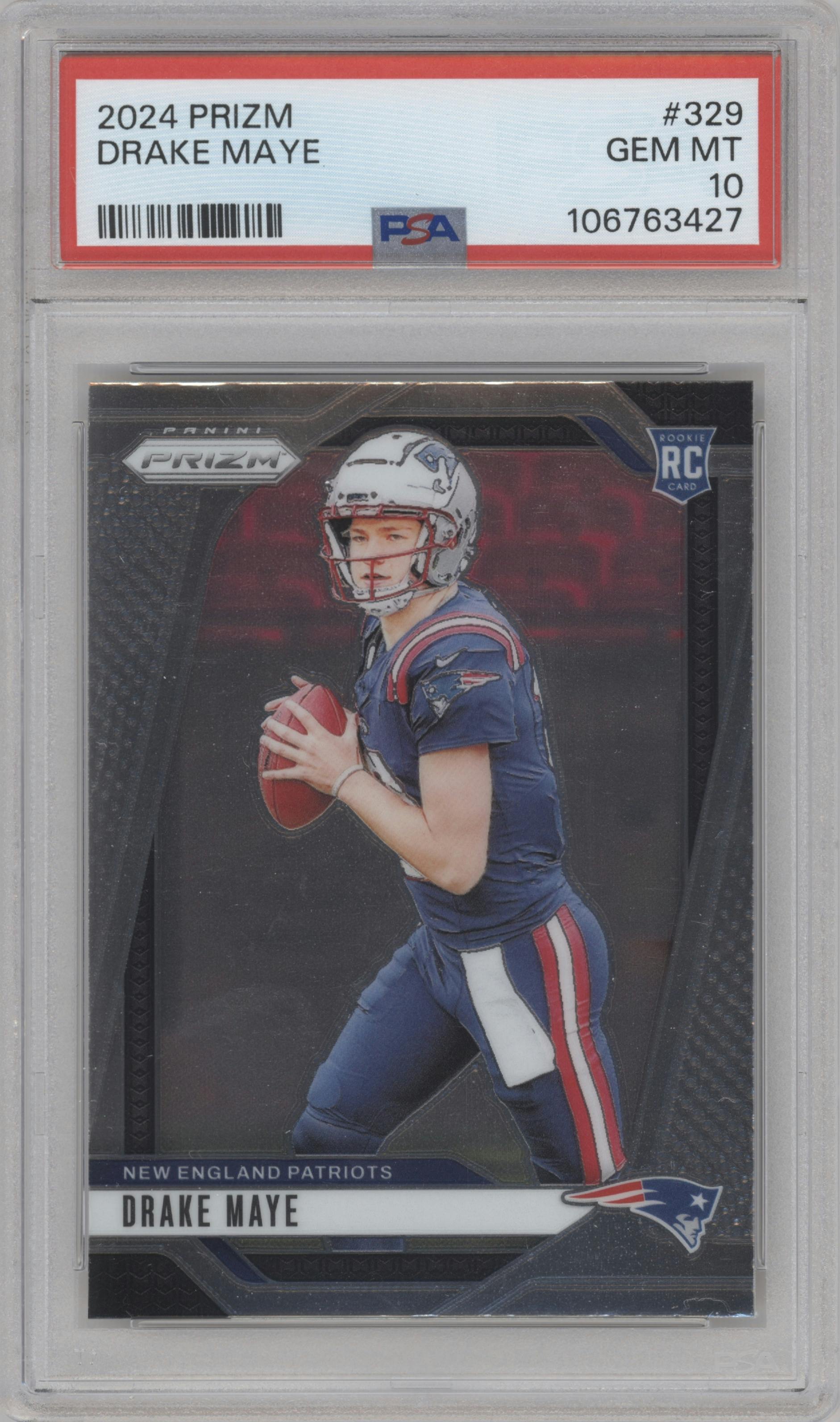 Drake Maye from the 2024 Panini Prizm set graded by PSA and given an overall grade of 10.