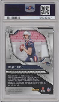 Drake Maye from the 2024 Panini Prizm set graded by PSA and given an overall grade of 10.